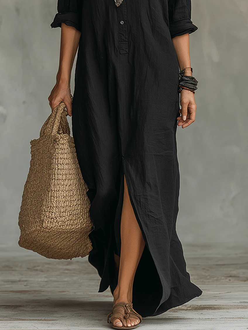 Alessia - Vestido maxi negro suave con botones