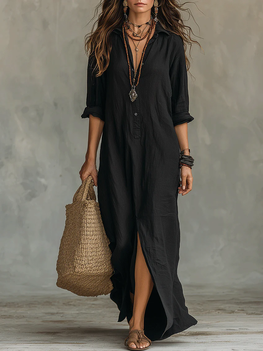Alessia - Vestido maxi negro suave con botones