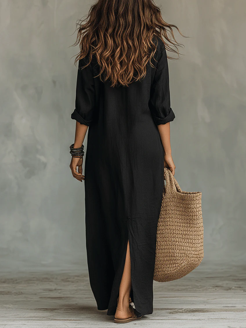 Alessia - Vestido maxi negro suave con botones