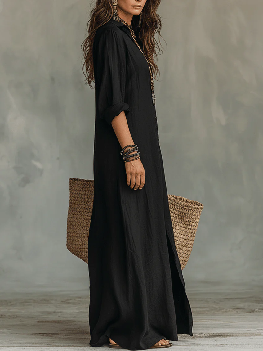 Alessia - Vestido maxi negro suave con botones
