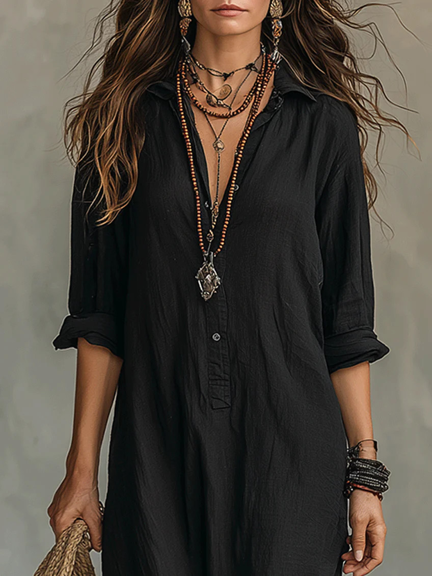 Alessia - Vestido maxi negro suave con botones