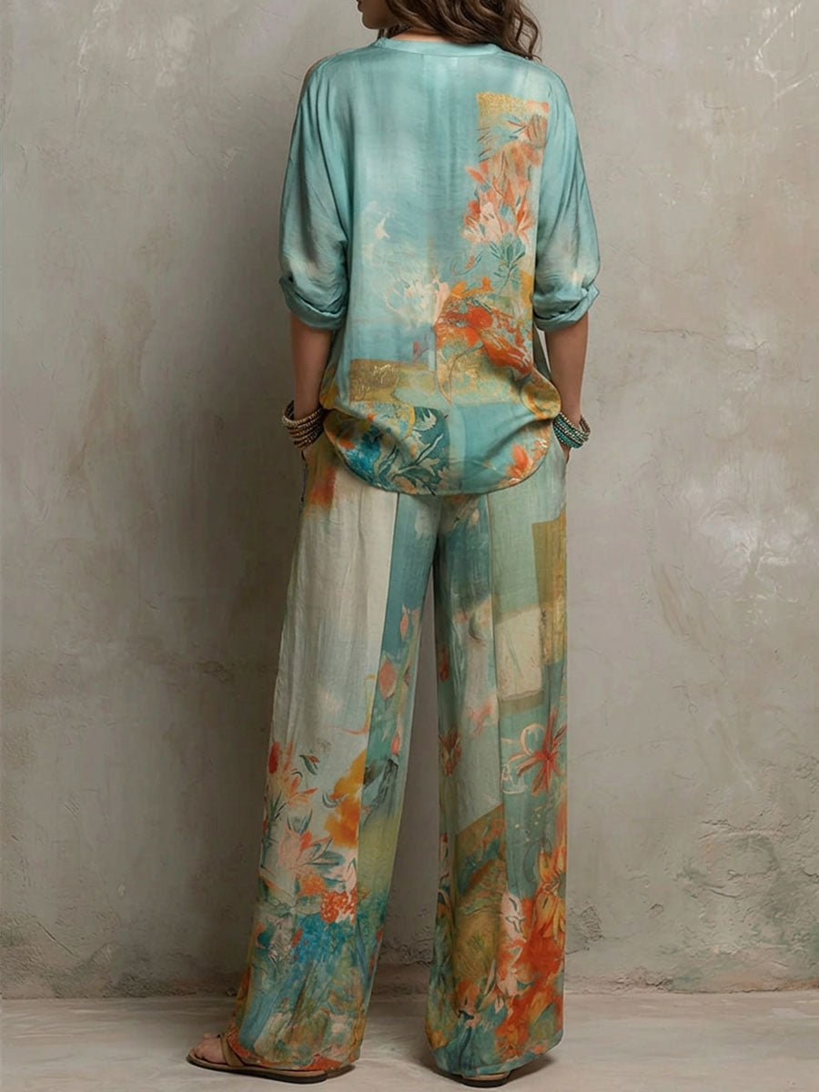 Chiara - Conjunto elegante con estampado floral y pantalón amplio