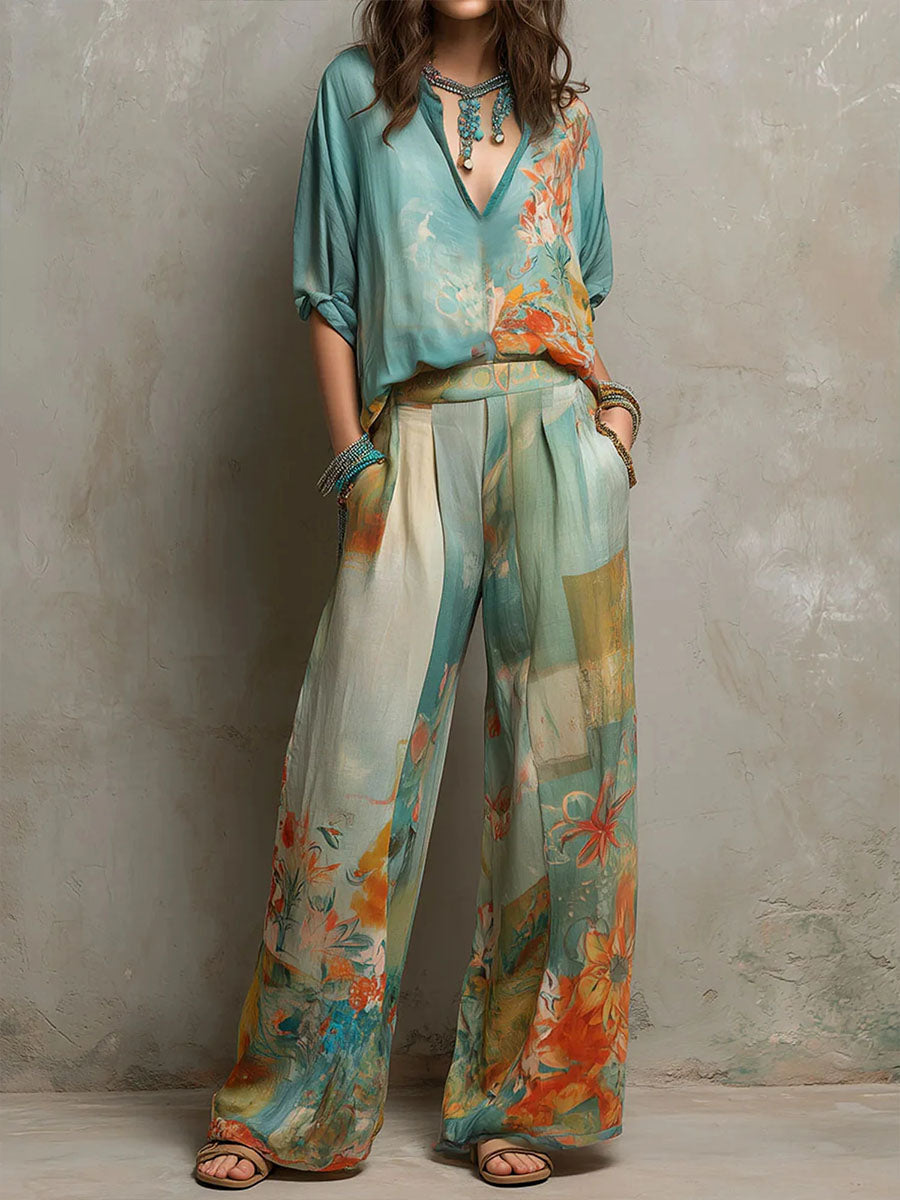 Chiara - Conjunto elegante con estampado floral y pantalón amplio